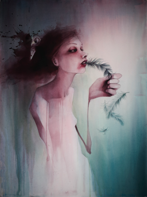 Crawws surreal watercolor depicts a long-necked woman with closed eyes, gently holding a feathered branch. The use of pink, teal, and blue creates an ethereal atmosphere reminiscent of the Bird Eater series.