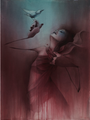 This limited edition artwork by Craww is an archival pigment print depicting a surreal figure wrapped in red, gazing at a bird on their finger against a background transitioning from teal to deep red.