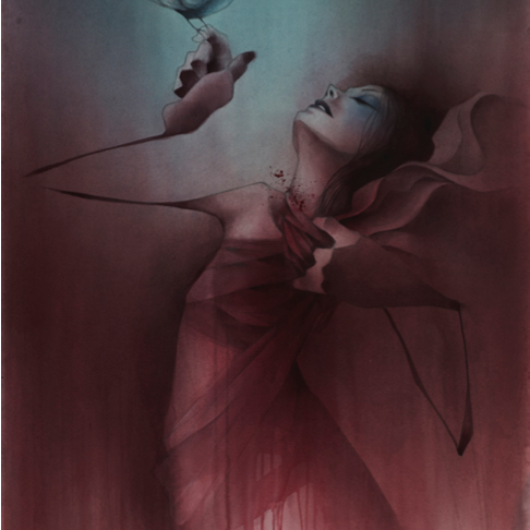 This limited edition artwork by Craww is an archival pigment print depicting a surreal figure wrapped in red, gazing at a bird on their finger against a background transitioning from teal to deep red.