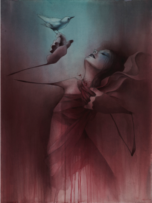 This limited edition artwork by Craww is an archival pigment print depicting a surreal figure wrapped in red, gazing at a bird on their finger against a background transitioning from teal to deep red.