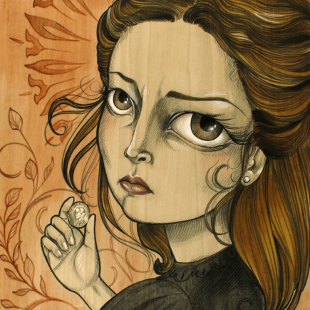 A woman with big eyes and brown hair holds a small object, wearing a black dress and gazing sideways. The earthy-toned floral background features swirling designs akin to Sandi Calistros signature acrylic-on-wood style from Spoke Art Gallery exhibitions.