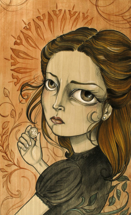 A woman with big eyes and brown hair holds a small object, wearing a black dress and gazing sideways. The earthy-toned floral background features swirling designs akin to Sandi Calistros signature acrylic-on-wood style from Spoke Art Gallery exhibitions.