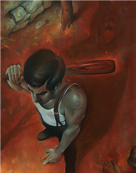 A man with a star tattoo, echoing Sgt. Donny Donowitzs rugged charm, holds a paddle on a reddish-brown surface. Unaware, he stands above a lurking sea monsters open mouth—a scene perfect for display at Spoke Art Gallery by Chris B. Murray.
