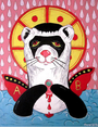 This Dimitri Drjuchin-inspired piece showcases a ferret with a yellow halo on a pink teardrop-patterned background, holding an A B O labeled blood drop. Red and black butterfly wings unfold from its back, capturing the whimsical charm of acrylic art.