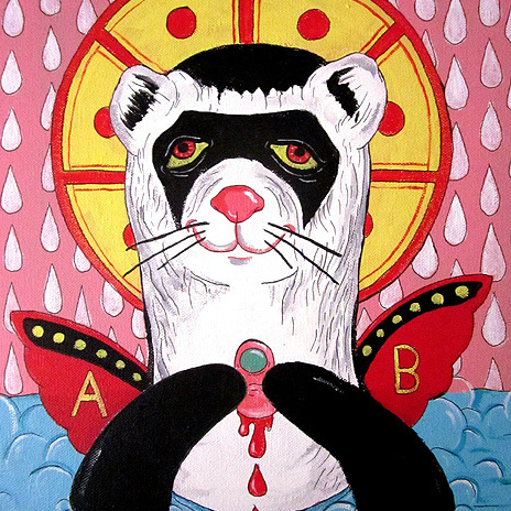 This Dimitri Drjuchin-inspired piece showcases a ferret with a yellow halo on a pink teardrop-patterned background, holding an A B O labeled blood drop. Red and black butterfly wings unfold from its back, capturing the whimsical charm of acrylic art.