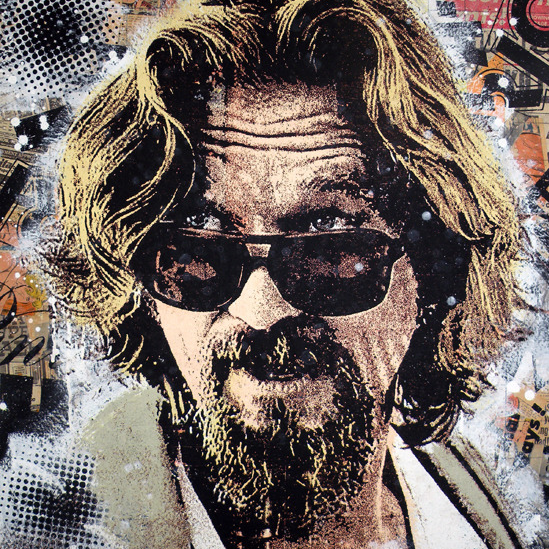 A man with long hair and a beard reminiscent of The Dude, wearing sunglasses, is set against Greg Gossels iconic grungy collage. Earthy tones highlighted by white and black splashes characterize this stunning giclee print.