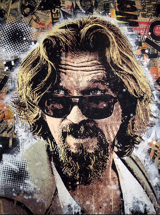 A man with long hair and a beard reminiscent of The Dude, wearing sunglasses, is set against Greg Gossels iconic grungy collage. Earthy tones highlighted by white and black splashes characterize this stunning giclee print.