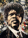 A vibrant graffiti-inspired portrait of a man with expressive eyes and curly hair by Greg Gossel, featuring bold colors, textures, and abstract shapes like stars and exclamation marks. This exclusive piece is signed and numbered.