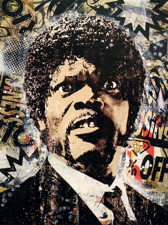 A vibrant graffiti-inspired portrait of a man with expressive eyes and curly hair by Greg Gossel, featuring bold colors, textures, and abstract shapes like stars and exclamation marks. This exclusive piece is signed and numbered.