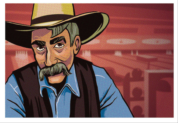 Joshua Ellingsons archival pigment print features a man in a wide-brimmed hat, blue shirt, and black vest against a stylized reddish background with soft geometric shapes. Custom framing options are available to enhance its artful appeal.