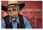 Joshua Ellingsons archival pigment print features a man in a wide-brimmed hat, blue shirt, and black vest against a stylized reddish background with soft geometric shapes. Custom framing options are available to enhance its artful appeal.