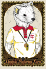 A limited edition screen print by Rhys Cooper showcases an anthropomorphic ferret in a yellow and red referee shirt with a whistle. The ornate black and gold background complements this artwork titled Mustela Putorius Furo, part of an edition of 50 prints.