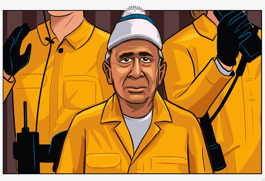 This giclee print by Joshua Ellingson portrays a cartoon of a man in an orange jumpsuit and white hat, accompanied by two figures with radios. The scene, suggestive of a prison or security setting with serious expressions and dark gloves, echoes Kumars storytelling nuances.