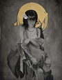 Nimit Malavias grayscale mixed media piece, The Sewing Sacrifice, showcases a figure with a golden halo and drapery, holding a needle and thread. The figures arms feature intricate designs, while a headpiece with white and red accents stands out against the textured backdrop.