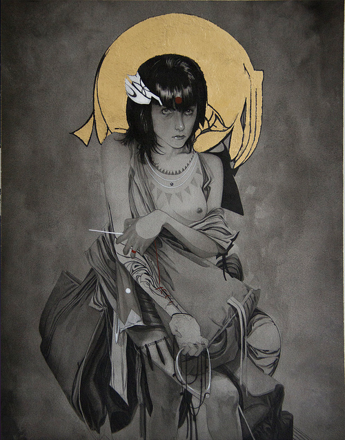 Nimit Malavias grayscale mixed media piece, The Sewing Sacrifice, showcases a figure with a golden halo and drapery, holding a needle and thread. The figures arms feature intricate designs, while a headpiece with white and red accents stands out against the textured backdrop.