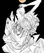 Nimit Malavias abstract black-and-white illustration showcases intertwined human figures with intricate lines and geometric shapes. A large hand evocative of a Ritual Father Figure stretches from the top right, set against a solid black background with a gold leaf circle at the top center.