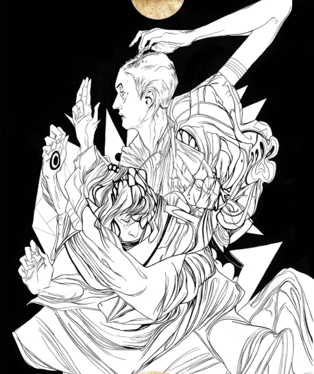 Nimit Malavias abstract black-and-white illustration showcases intertwined human figures with intricate lines and geometric shapes. A large hand evocative of a Ritual Father Figure stretches from the top right, set against a solid black background with a gold leaf circle at the top center.