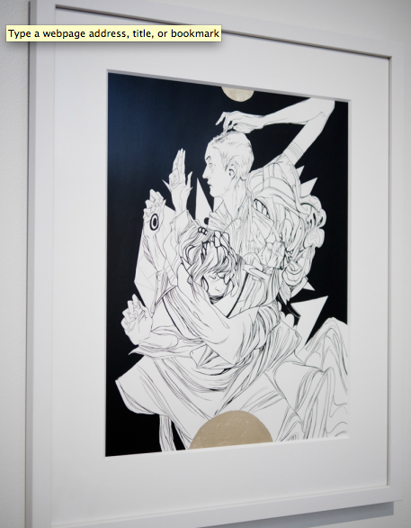 Nimit Malavias framed abstract artwork features intertwined figures in black, white, and shades of gold leaf. The stylized figures portray a Ritual Father Figure with elongated limbs and geometric shapes on a bold black background, exuding dynamic movement.
