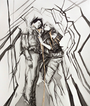 Nimit Malavias monochrome sketch Dangerous Lovers portrays two entwined abstract figures with angular, fragmented lines that create a dynamic, cracked surface effect as they gaze at each other.