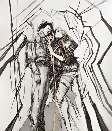 Nimit Malavias monochrome sketch Dangerous Lovers portrays two entwined abstract figures with angular, fragmented lines that create a dynamic, cracked surface effect as they gaze at each other.