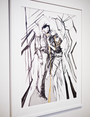 The Nimit Malavia artwork, Dangerous Lovers, shows two figures amidst abstract black lines. One figure holds a golden rod, and the sketch-like mixed media piece incorporates shades of black, white, and gray.