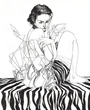 The artwork Contemplation by Nimit Malavia depicts a seated person with short hair, surrounded by geometric shapes and flowing lines interacting with a zebra-striped surface, showcasing Malavias signature black-and-white abstract style in graphite on paper.