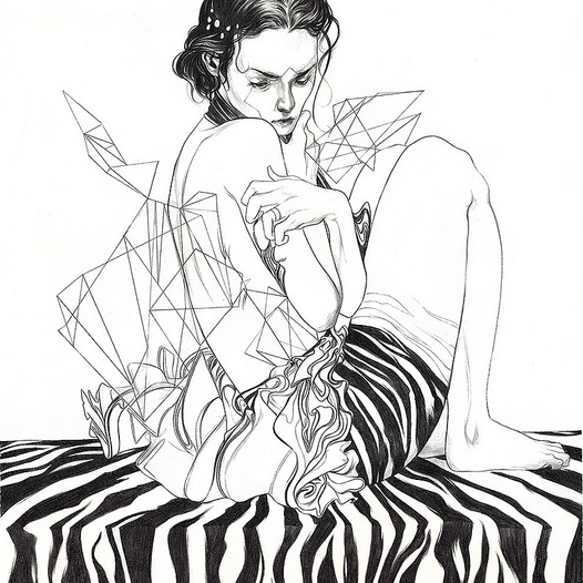 The artwork Contemplation by Nimit Malavia depicts a seated person with short hair, surrounded by geometric shapes and flowing lines interacting with a zebra-striped surface, showcasing Malavias signature black-and-white abstract style in graphite on paper.