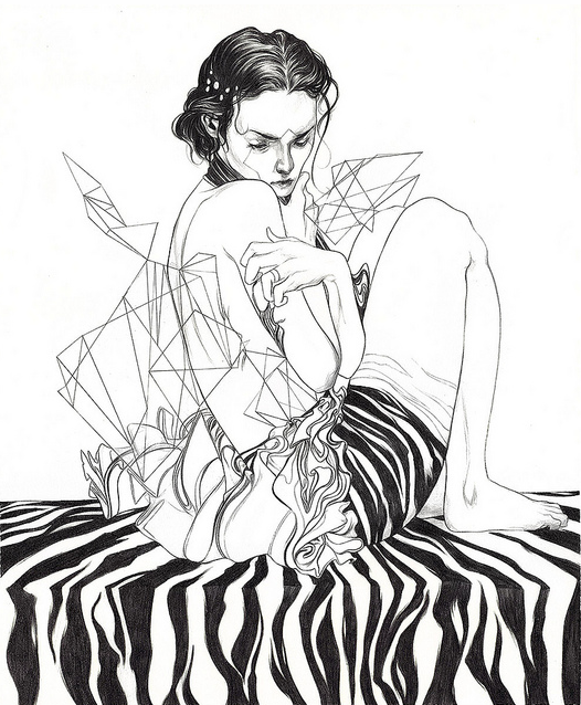 The artwork Contemplation by Nimit Malavia depicts a seated person with short hair, surrounded by geometric shapes and flowing lines interacting with a zebra-striped surface, showcasing Malavias signature black-and-white abstract style in graphite on paper.