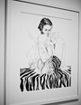 A black and white drawing by Nimit Malavia features a seated person with geometric shapes, set against a zebra-striped background. Its crafted with graphite on paper and elegantly framed for display at Spoke Art Gallery.