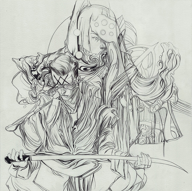 A detailed sketch of a robed figure with a sword amidst swirling lines conveys motion, reminiscent of Nimit Malavias style. A ghostly figure adds energy and urges the viewer to Go Forth and Crusade. Graphite on paper enhances this dynamic scene.