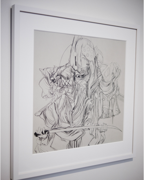 The framed graphite sketch, Go Forth and Crusade by Nimit Malavia, features a cloaked and sword-wielding figure with a headband. An abstract background emerges through flowing lines, all elegantly displayed on a white wall.