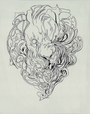 This abstract lion head line drawing, featuring intricate swirls and mane patterns, is reminiscent of Nimit Malavia’s Sygnet I. The fluid strokes interconnect like acrylic on paper, creating a whimsical art piece against a light background.