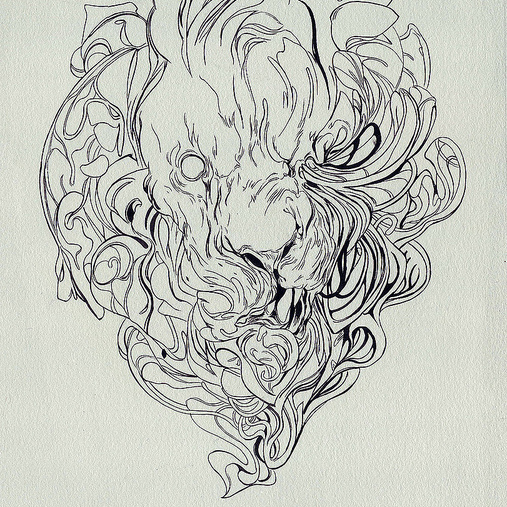 This abstract lion head line drawing, featuring intricate swirls and mane patterns, is reminiscent of Nimit Malavia’s Sygnet I. The fluid strokes interconnect like acrylic on paper, creating a whimsical art piece against a light background.