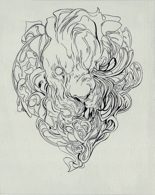 This abstract lion head line drawing, featuring intricate swirls and mane patterns, is reminiscent of Nimit Malavia’s Sygnet I. The fluid strokes interconnect like acrylic on paper, creating a whimsical art piece against a light background.