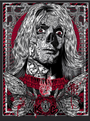 A stylized monochromatic screen print shows a long-haired figure with detailed tattoos against a patterned red and black background. K.C. appears at the bottom center, framed by wings and fiery imagery, evoking a fallen spirit in the style of Rhys Cooper.