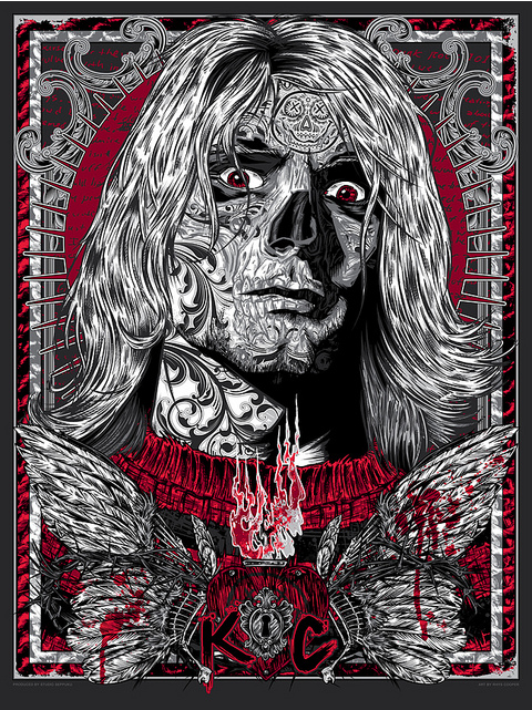 A stylized monochromatic screen print shows a long-haired figure with detailed tattoos against a patterned red and black background. K.C. appears at the bottom center, framed by wings and fiery imagery, evoking a fallen spirit in the style of Rhys Cooper.