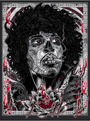 This intricate, black and white screen print by Rhys Cooper features a curly-haired figure with ornate facial patterns and a lotus. Red accents highlight musical notes and abstract flames in this hand-numbered edition of Voodoo Child.