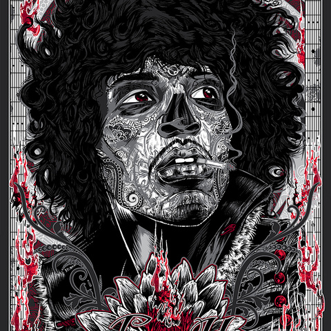 This intricate, black and white screen print by Rhys Cooper features a curly-haired figure with ornate facial patterns and a lotus. Red accents highlight musical notes and abstract flames in this hand-numbered edition of Voodoo Child.