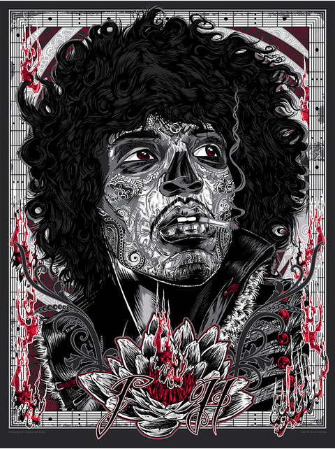 This intricate, black and white screen print by Rhys Cooper features a curly-haired figure with ornate facial patterns and a lotus. Red accents highlight musical notes and abstract flames in this hand-numbered edition of Voodoo Child.