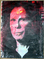 Aelhras Live Evil stylized portrait features a red and black face with textured brush strokes for a hand-painted feel, seamlessly blending artistic elements. Available as limited edition prints.