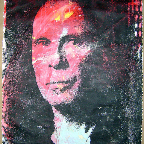 Aelhras Live Evil stylized portrait features a red and black face with textured brush strokes for a hand-painted feel, seamlessly blending artistic elements. Available as limited edition prints.