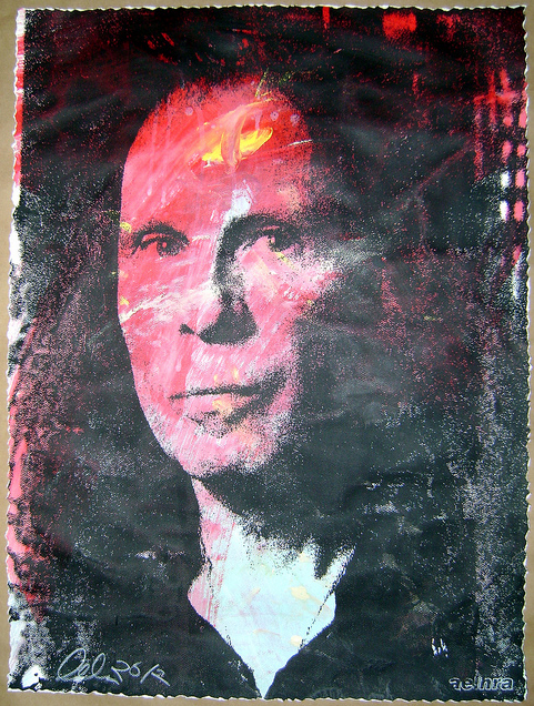 Aelhras Live Evil stylized portrait features a red and black face with textured brush strokes for a hand-painted feel, seamlessly blending artistic elements. Available as limited edition prints.