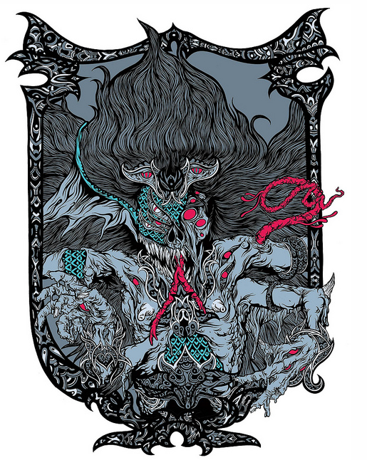 Scarecrowovens dark fantasy design showcases a monstrous figure reminiscent of Lizard Jim King Morrison, with wild hair, sharp features, and fiery red eyes. The screenprint-style artwork is framed ornately in black with teal and red highlights.