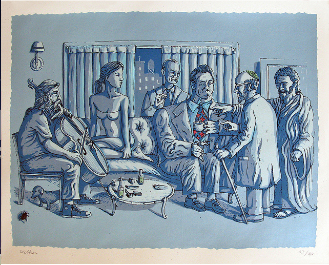 David Welkers surreal artwork showcases a room with a cellist, seated nude, three suited men with drinks, and a sleeping dog; blue hues fill the scene while The Calling of Saint Jerry plays softly through the window overlooking the cityscape.