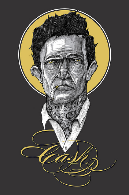Zach Landrums signed edition features an illustrated man with a cigarette, wearing a tattooed collar shirt. The man has dark hair, a stern expression, and is set against a yellow circle. The word Cash is elegantly inscribed below.