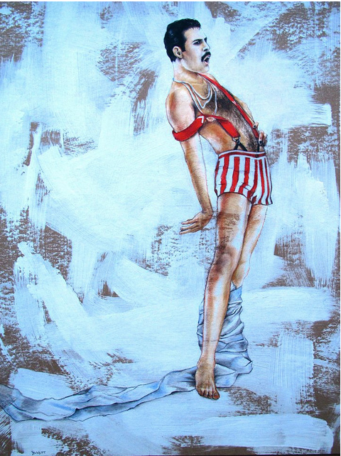 Brittney Wests illustration features a confident figure in red-and-white striped shorts and red suspenders, set against a textured white and brown background. The slicked-back hair and mustache add flair as the subject stands with one leg extended and hands on hips, exuding readiness to break free.