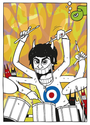 A vibrant cartoon captures a dynamic drummer with exaggerated features, inspired by Keith Moons electrifying performances. Wearing a white target shirt, their many arms clutch drumsticks against an abstract, colorful backdrop reminiscent of a screen print. Brand: Keith Moon.