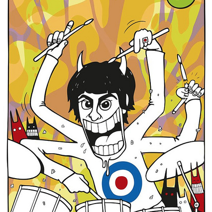 A vibrant cartoon captures a dynamic drummer with exaggerated features, inspired by Keith Moons electrifying performances. Wearing a white target shirt, their many arms clutch drumsticks against an abstract, colorful backdrop reminiscent of a screen print. Brand: Keith Moon.