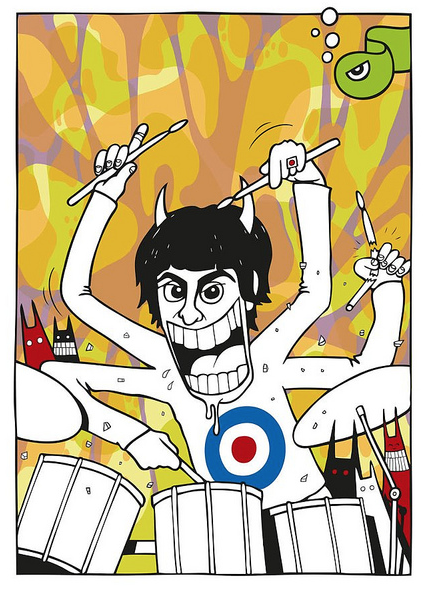 A vibrant cartoon captures a dynamic drummer with exaggerated features, inspired by Keith Moons electrifying performances. Wearing a white target shirt, their many arms clutch drumsticks against an abstract, colorful backdrop reminiscent of a screen print. Brand: Keith Moon.