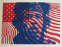 A Matt Dye screen print overlays a partially visible face with red, white, and blue stripes forming an American flag pattern. Inspired by Blunt Graffix art, it features stars and wavy lines in a dynamic style reminiscent of Jimi Hendrixs boldness.